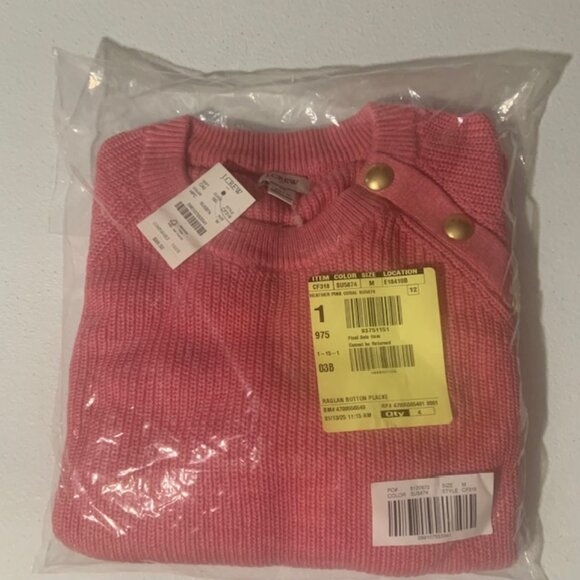 NWT J. Crew Preppy Button Raglan Crew Neck Sweater - Pink - Size M - Picture 3 of 4